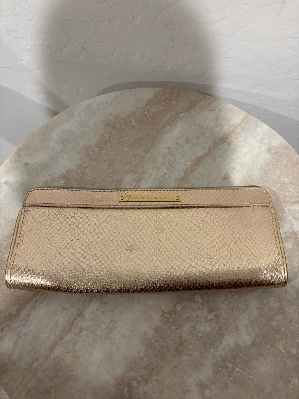 Jorge Bischoff Metallic Snake Embossed Leather Gold Clutch